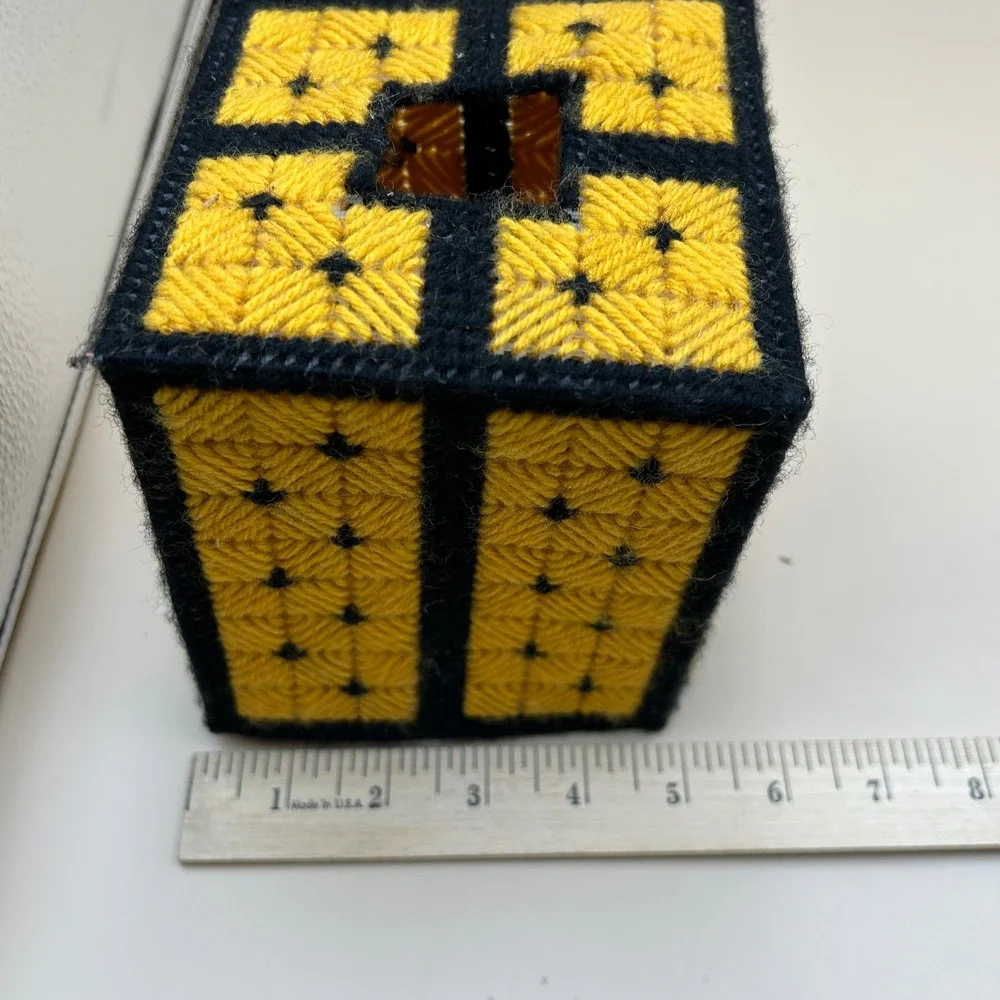 Handmade Plastic Canvas Tissue Box Cover Yellow Black Geometric Boutique Square